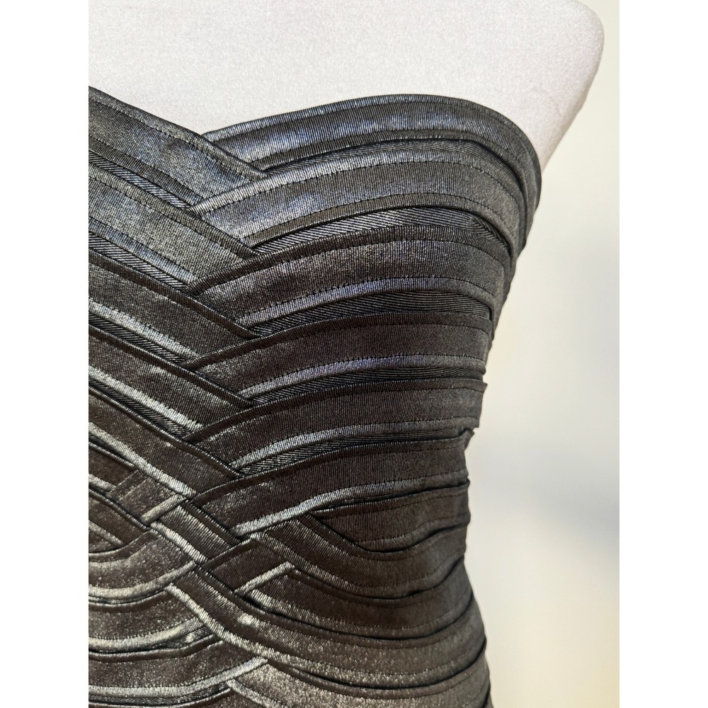 BCBGMAXAZRIA Metallic Bandage Strapless Bodycon Mini Dress Silver Black Medium - Picture 3 of 8